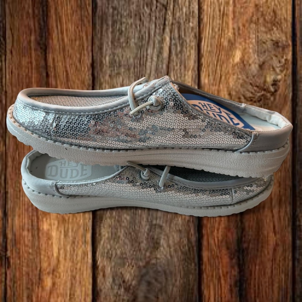 Hey Dude Womens Wendy Slip Sequin White Silver Sparkle Mule Sneakers Size 9 - Picture 3 of 6